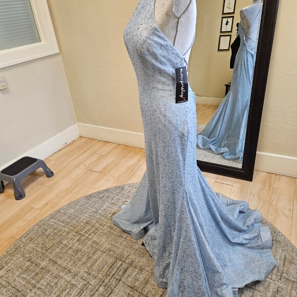Size 14 light blue shimmer lace/rhinestone high neck lace trumpet NWT - Picture 5 of 11